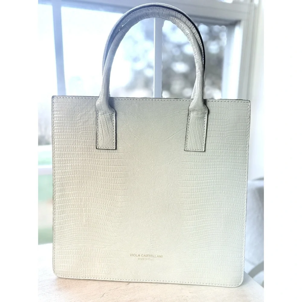 Viola Castellani‎ Green Croc Leather Bag Purse Satchel Dbl Handles /Strap Italy